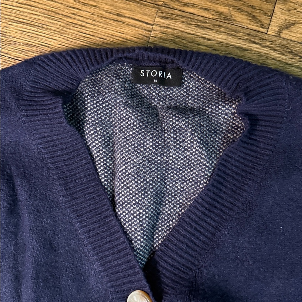 Storia Cropped Navy Blue Chunky Cardigan Stars Puff Sleeves Size Medium - Picture 2 of 3